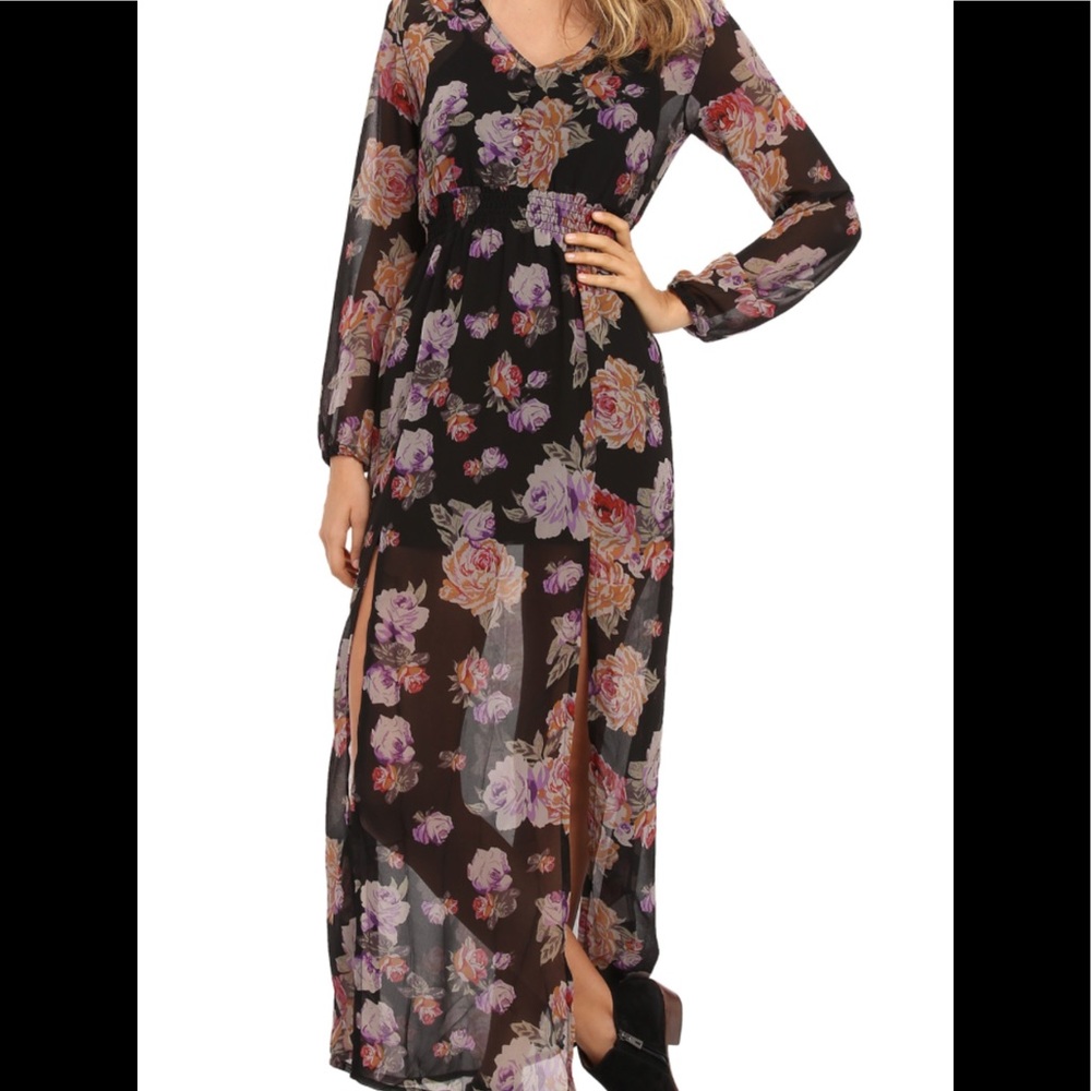 MINKPINK Floral Long Sleeve Sheer Maxi Dress SizeS